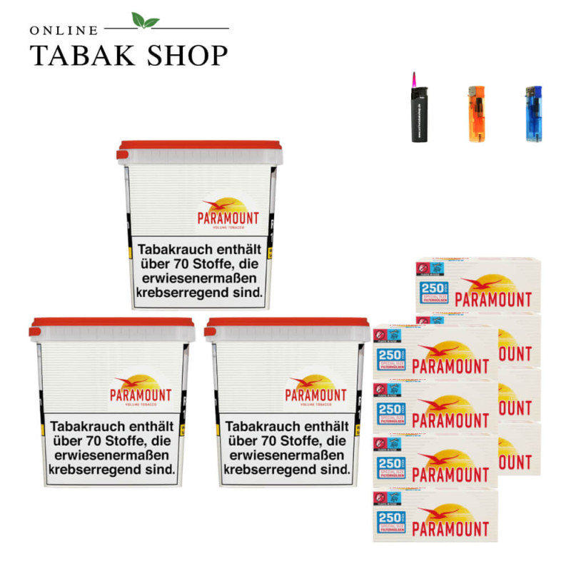 3x PARAMOUNT Tabak Giga Box 220g + 2000 PARAMOUNT Extra Rot Hülsen + 2 Feuerzeuge + 1 Sturmfeuerzeug