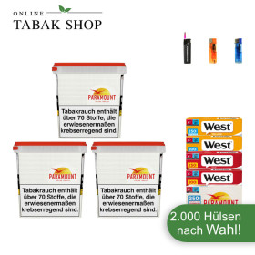 3x PARAMOUNT Tabak Giga Box 220g + 2000 Hülsen (Sorte wählbar) + 2 Feuerzeuge + 1 Sturmfeuerzeug