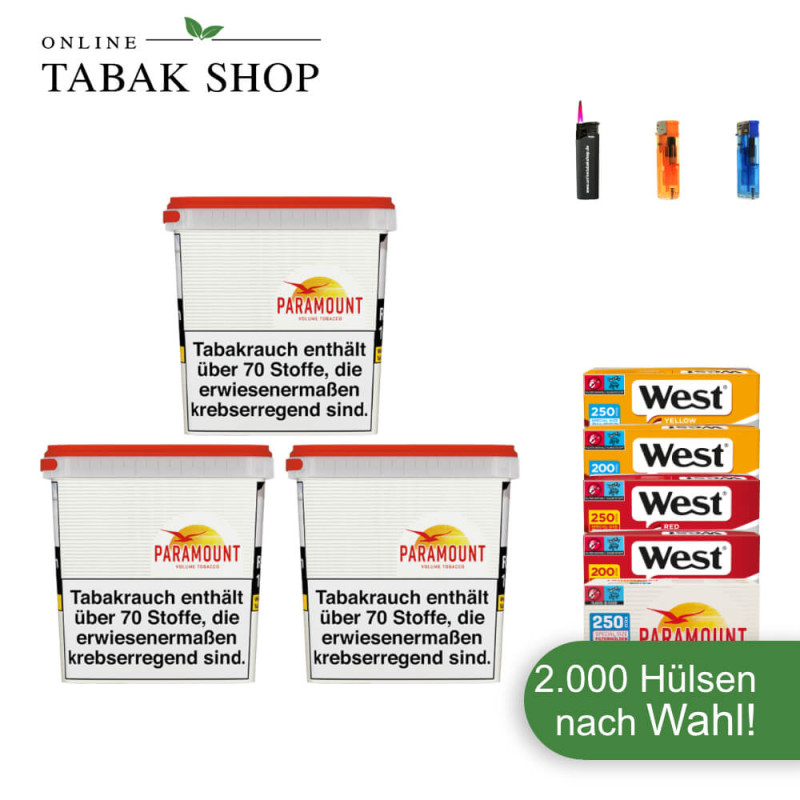 3x PARAMOUNT Tabak Giga Box 220g + 2000 Hülsen (Sorte wählbar) + 2 Feuerzeuge + 1 Sturmfeuerzeug