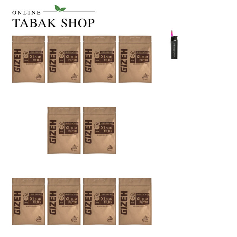 10x GIZEH Unbleached XL Slim Filter 6mm 120er + 1 Sturmfeuerzeug