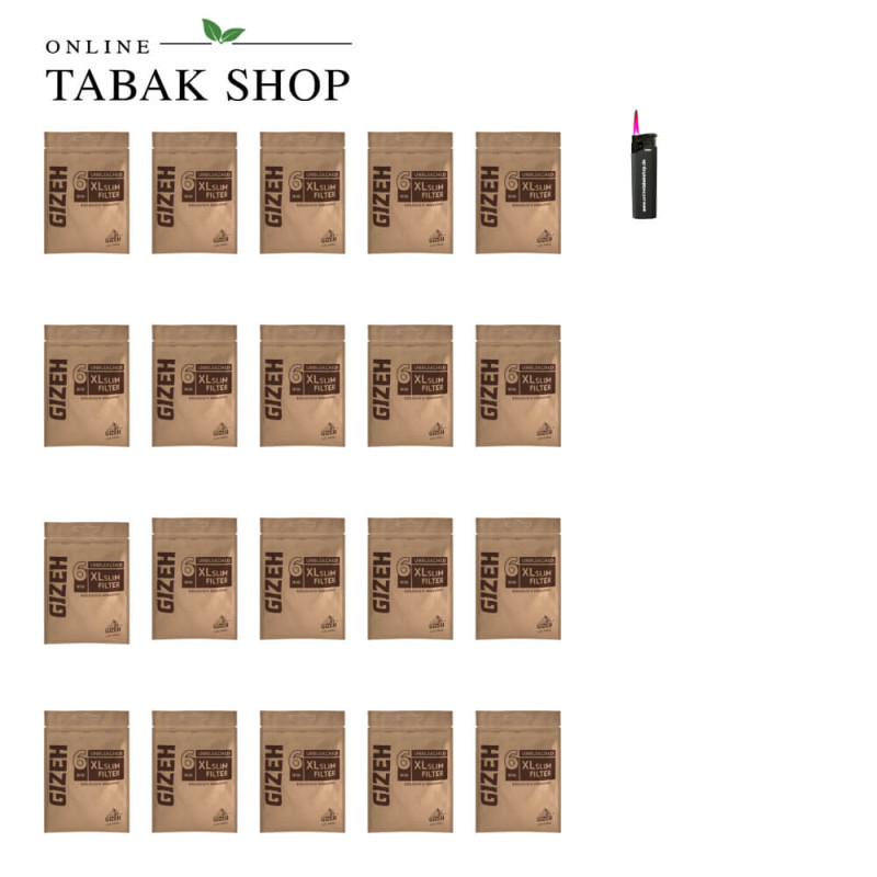 20x GIZEH Unbleached XL Slim Filter 6mm 120er + 1 Sturmfeuerzeug