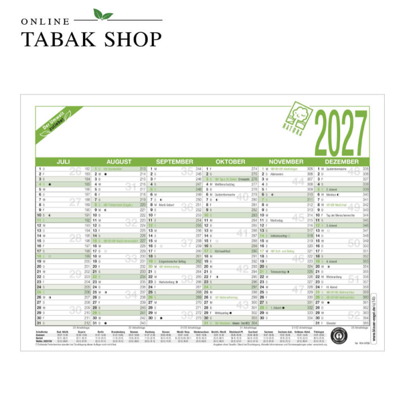Arbeitstagekalender A5 Blauer Engel (Tischkalender/Wandkalender)