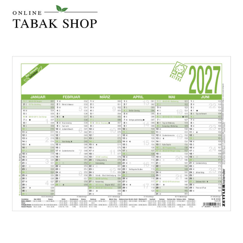 Arbeitstagekalender A4 Blauer Engel (Tischkalender/Wandkalender)