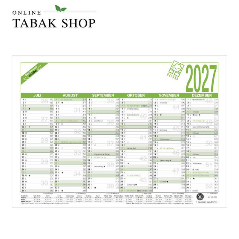Arbeitstagekalender A4 Blauer Engel (Tischkalender/Wandkalender)