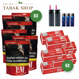 L&M Volumen Tabak Red XL Beutel (6x 100g) + 1.500 L&M Red Extra Hülsen + 3x Feuerzeuge + 2x Sturmfeuerzeuge - 154,70 €
