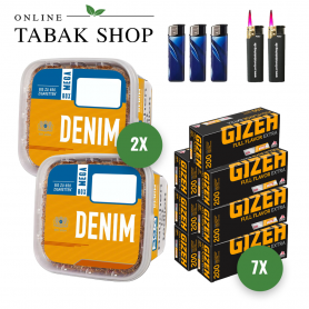 Denim Volumentabak (2 x 245g) + 1.400 GIZEH Full Flavor EXTRA Hülsen + 3 Feuerzeuge + 2 Sturmfeuerzeuge - 86,80 €