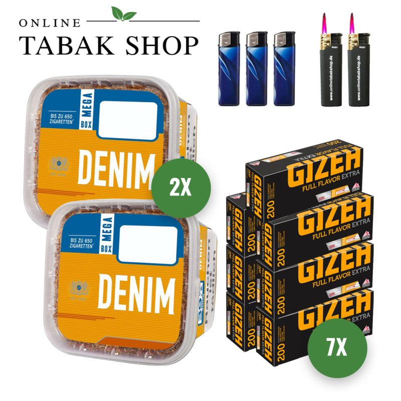 2x DENIM Tabak 210g Eimer + 1400 GIZEH Full Flavor Extra Hülsen + 3 Feuerzeuge + 2 Sturmfeuerzeuge