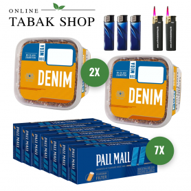 2x Denim Tabak XXXL Box 210g + 1400 PALL MALL Blue Xtra Hülsen + 3 Feuerzeuge + 2 Sturmfeuerzeuge