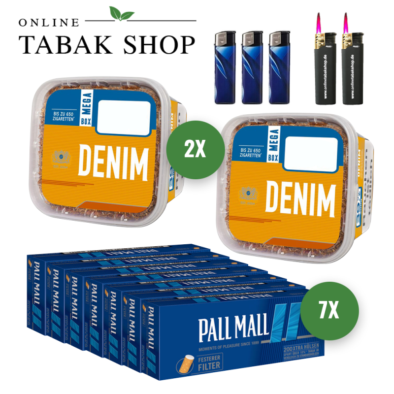 2x DENIM Tabak 210g Eimer + 1400 PALL MALL Blue Xtra Hülsen + 3 Feuerzeuge + 2 Sturmfeuerzeuge