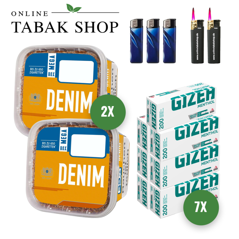 2x DENIM Tabak 210g Eimer + 1400 GIZEH Menthol Hülsen + 3 Feuerzeuge + 2 Sturmfeuerzeuge