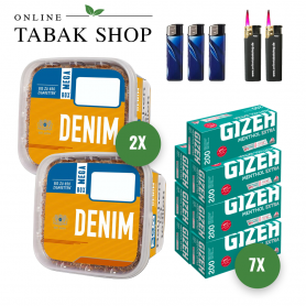 2x Denim Tabak XXXL Eimer 210g + 1400 GIZEH Menthol Extra Hülsen + 3 Feuerzeuge + 2 Sturmfeuerzeuge