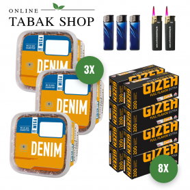 3x Denim Tabak XXXL Box 210g + 2000 GIZEH Full Flavor Extra Hülsen + 3 Feuerzeuge + 2 Sturmfeuerzeuge