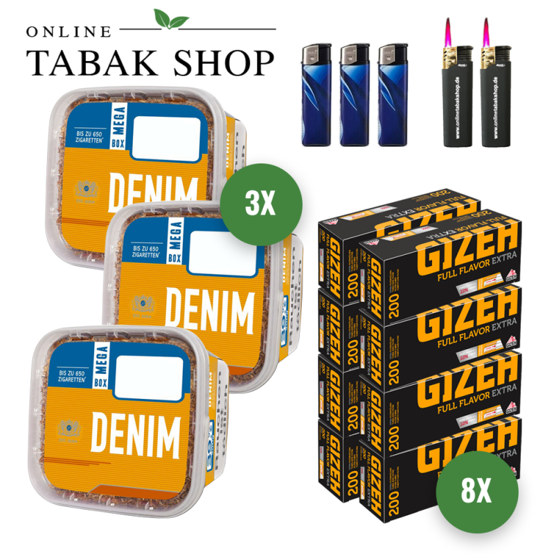 3x DENIM Tabak 210g Eimer + 2.000 GIZEH Full Flavor Extra Hülsen + 3 Feuerzeuge + 2 Sturmfeuerzeuge