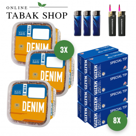 3x Denim Volumentabak XXXL Eimer 210g + 2000 GIZEH Special Tip Hülsen + 3 Feuerzeuge + 2 Sturmfeuerzeuge