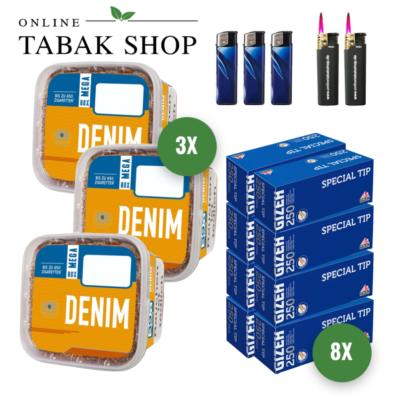 3x DENIM Tabak 210g Eimer + 2.000 GIZEH Special Tip Hülsen + 3 Feuerzeuge + 2 Sturmfeuerzeuge