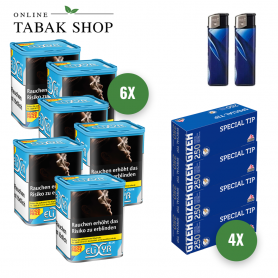 ELIXYR Blue Feinschnitt Tabak (6 x 115g) + 1.000 GIZEH Special Tip Hülsen + 2 Feuerzeuge - 109,00 €