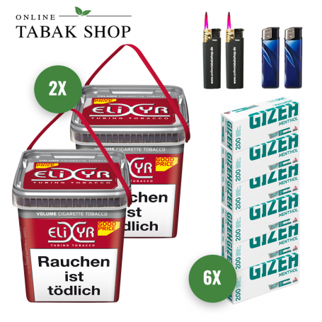 2 x Elixyr Rot Volumen Tabak 320g + 1.200 Gizeh Menthol Hülsen + 2 Feuerzeuge + 2 Sturmfeuerzeuge