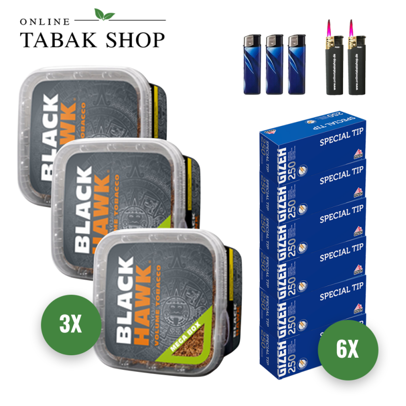 3x BLACK HAWK Tabak 230g + 1500 GIZEH Special Tip Hülsen + 3 Feuerzeuge + 2 Sturmfeuerzeuge