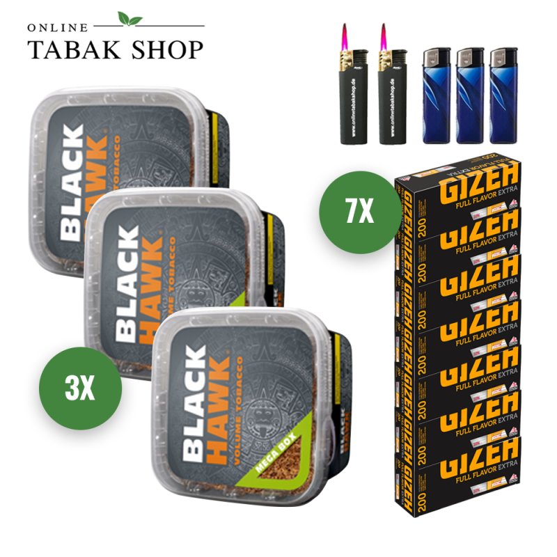 3x BLACK HAWK Tabak 230g + 1400 GIZEH Full Flavor Extra Hülsen + 3 Feuerzeuge + 2 Sturmfeuerzeuge