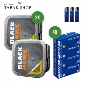 2x Black Hawk Tabak 230g + 1000 GIZEH Special Tip Hülsen + 3 Feuerzeuge