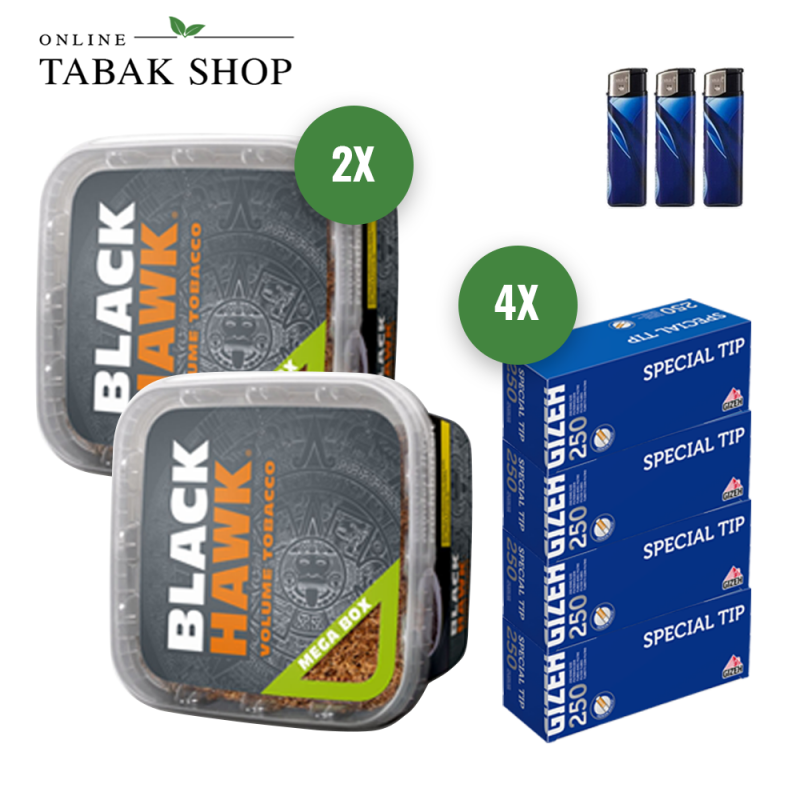 2x BLACK HAWK Tabak 230g + 1000 GIZEH Special Tip Hülsen + 3 Feuerzeuge