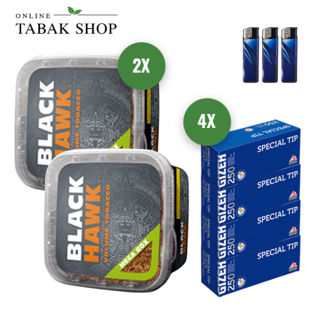 Black Hawk MEGA BOX Volumentabak (2 x 230g) + 1.000 GIZEH Special Tip Hülsen + 3 Feuerzeuge