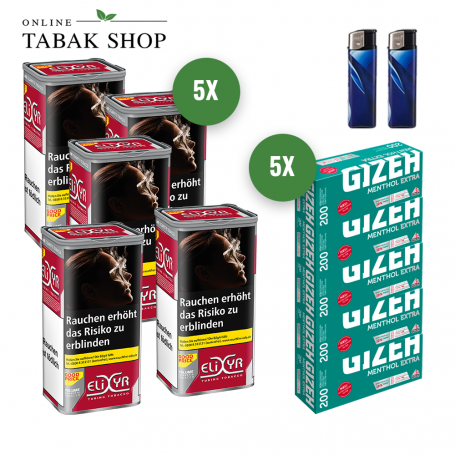 Elixyr Volume Tabak (5 x 130g) + 1.000 GIZEH Menthol EXTRA Hülsen + 2 Feuerzeuge
