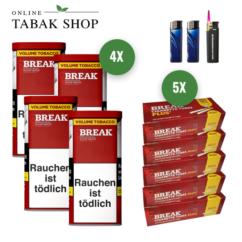 Break Rot Original Volumen Tabak (4 x 115g) + 1.000 Break Plus Hülsen + 1 Sturmfeuerzeug + 2 Feuerzeuge