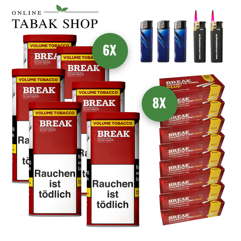 BREAK Original Tabak (6 x 110g) + 1.600 BREAK "Plus" Hülsen + 2 Sturmfeuerzeuge + 3 Feuerzeuge