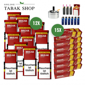 BREAK Original Tabak (12 x 110g) + 3.000 BREAK "Plus" Hülsen + 2 Sturmfeuerzeuge + 3 Feuerzeuge + 1 GIZEH Etui + 1 Drehascher - 237,90 €
