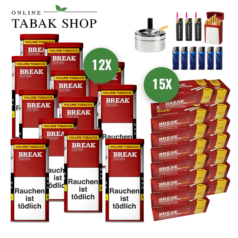 BREAK Original Tabak (12 x 110g) + 3.000 BREAK "Plus" Hülsen + 2 Sturmfeuerzeuge + 3 Feuerzeuge + 1 GIZEH Etui + 1 Drehascher
