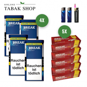 4 x Break Blau Original Volumen Tabak 115g + 1.000 Break+ Hülsen + 1 Sturmfeuerzeug + 2 Feuerzeuge - 78,80 €