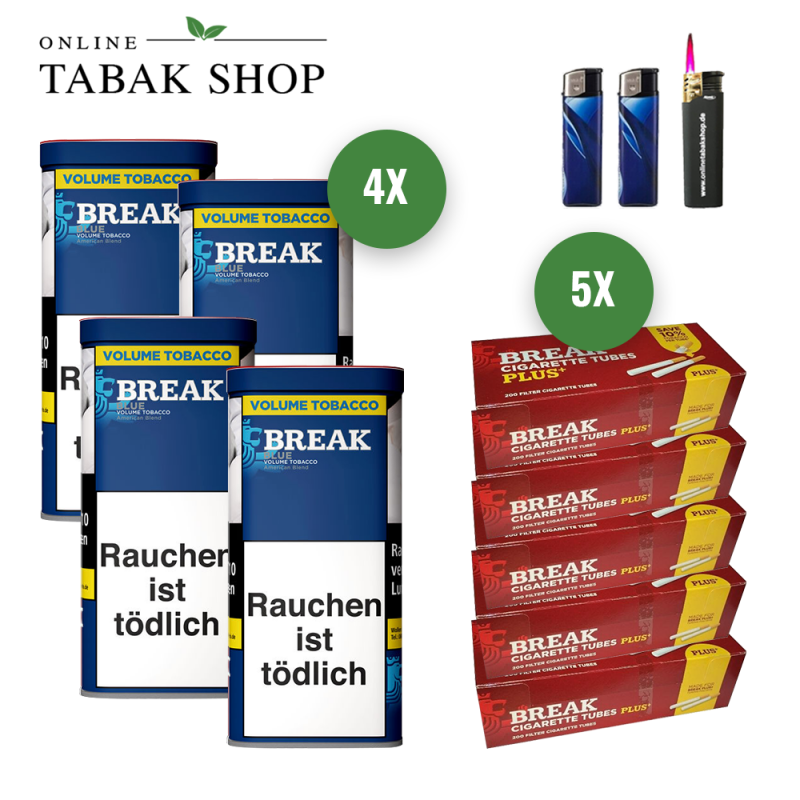 Break Blau / Blue Volumen Tabak (4 x 100g) + 1.000 Break PLUS Hülsen + 1 Sturmfeuerzeug + 2 Feuerzeuge