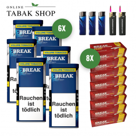 Break Blau / Blue Volumen Tabak (6 x 100g) + 1.600 Break PLUS Hülsen + 2 Sturmfeuerzeuge + 3 Feuerzeuge - 118,60 €