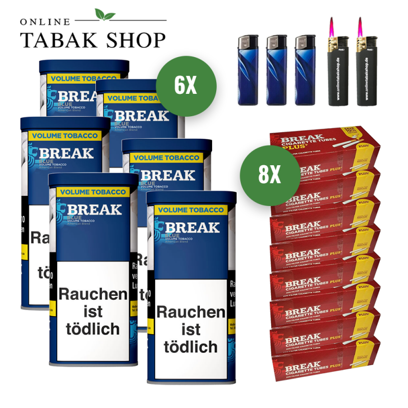 Break Blau / Blue Volumen Tabak (6 x 100g) + 1.600 Break PLUS Hülsen + 2 Sturmfeuerzeuge + 3 Feuerzeuge