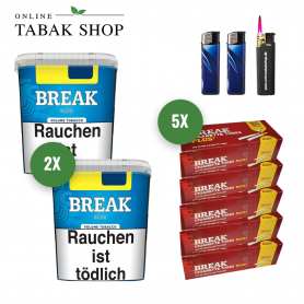 Break Blue/Blau Volumen Tabak (2 x 230g) + 1.000 Break PLUS Hülsen + 1 Sturmfeuerzeug + 2 Feuerzeuge - 77,99 €