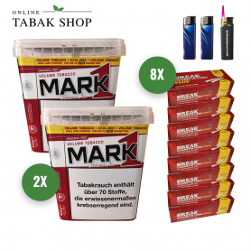 Mark 1 Volumen Tabak (4 x 400g) + 1.600 Break PLUS Hülsen + 1 Sturmfeuerzeug + 2 Feuerzeuge - 123,50 €