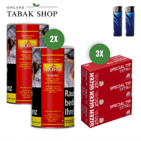 Moro Rot/Golden Shag (2 x 150g) + 750 GIZEH Special Tip EXTRA Hülsen + 2 Feuerzeuge - 53,50 €