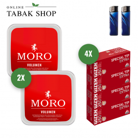 Moro Rot Volumentabak (2 x 225g) + 1.000 Gizeh Special Tip Extra Hülsen, 2 Feuerzeuge - 60,60 €