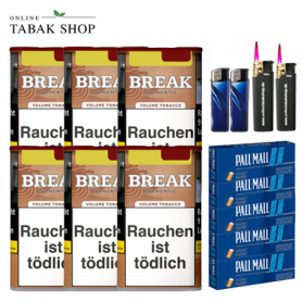Break Authentic  Volumentabak (6 x 75g) (ohne Zusätze) + 1.000 Pall Mall Blue Xtra Hülsen + 3 Feuerzeuge + 2 Sturmfeuerzeuge - 91,80 €