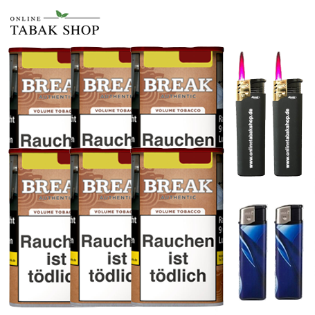 6 x Break Authentic Volumentabak 75g (ohne Zusätze) + 2 Feuerzeuge + 2 Sturmfeuerzeuge
