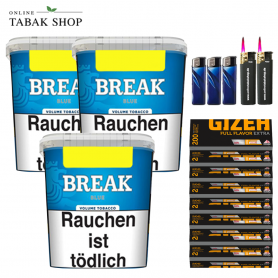 Break Blue Volumentabak (3 x 215g) + 1.600 Gizeh Full Flavor Extra Hülsen + 3 Feuerzeuge + 2 Sturmfeuerzeuge - 119,99 €