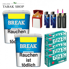 Break Blau Volumentabak (2x 230g),1.000 Menthol Extra Hülsen , 4 Feuerzeuge , 2 Sturmfeuerzeuge 1x Gizeh Etui - 77,40 €