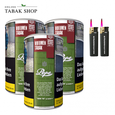 3 x Pepe Rich Green Volumentabak Tabak 85g +2 Turbo Sturmfeuerzeuge