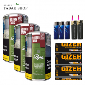 3 x Pepe Rich Green Volumentabak Tabak 85g , 600 Gizeh Extra Flavor Hülsen , 2 Sturmfeuerzeuge 3 Feuerzeuge - 51,50 €