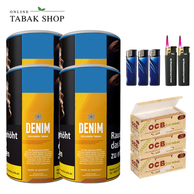4x Denim Volumentabak 90g, 750 OCB Organic Hülsen , 3 Feuerzeuge und 2 Sturmfeuerzeuge