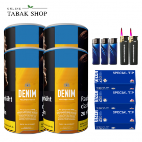 Denim Volumentabak (4 x 90g) + 750 Gizeh Special Tip Hülsen + 3 Feuerzeuge + 2 Sturmfeuerzeuge - 68,70 €