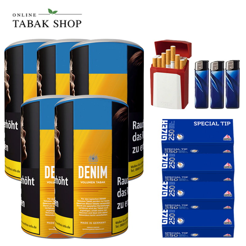 5x Denim Volumentabak 85g, 1000 Gizeh Special Hülsen, 3x Feuerzeuge, 1 Gizeh Etui