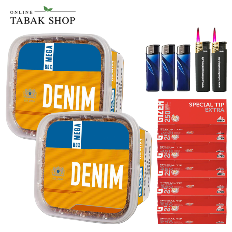 2x DENIM Tabak 210g Eimer + 1500 GIZEH Special Tip Extra Hülsen + 3 Feuerzeuge + 2 Sturmfeuerzeuge