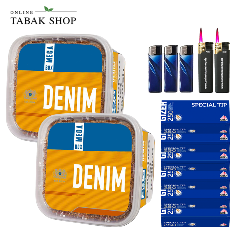 2x DENIM Tabak 210g Eimer + 1500 GIZEH Special Tip Hülsen + 3 Feuerzeuge + 2 Sturmfeuerzeuge